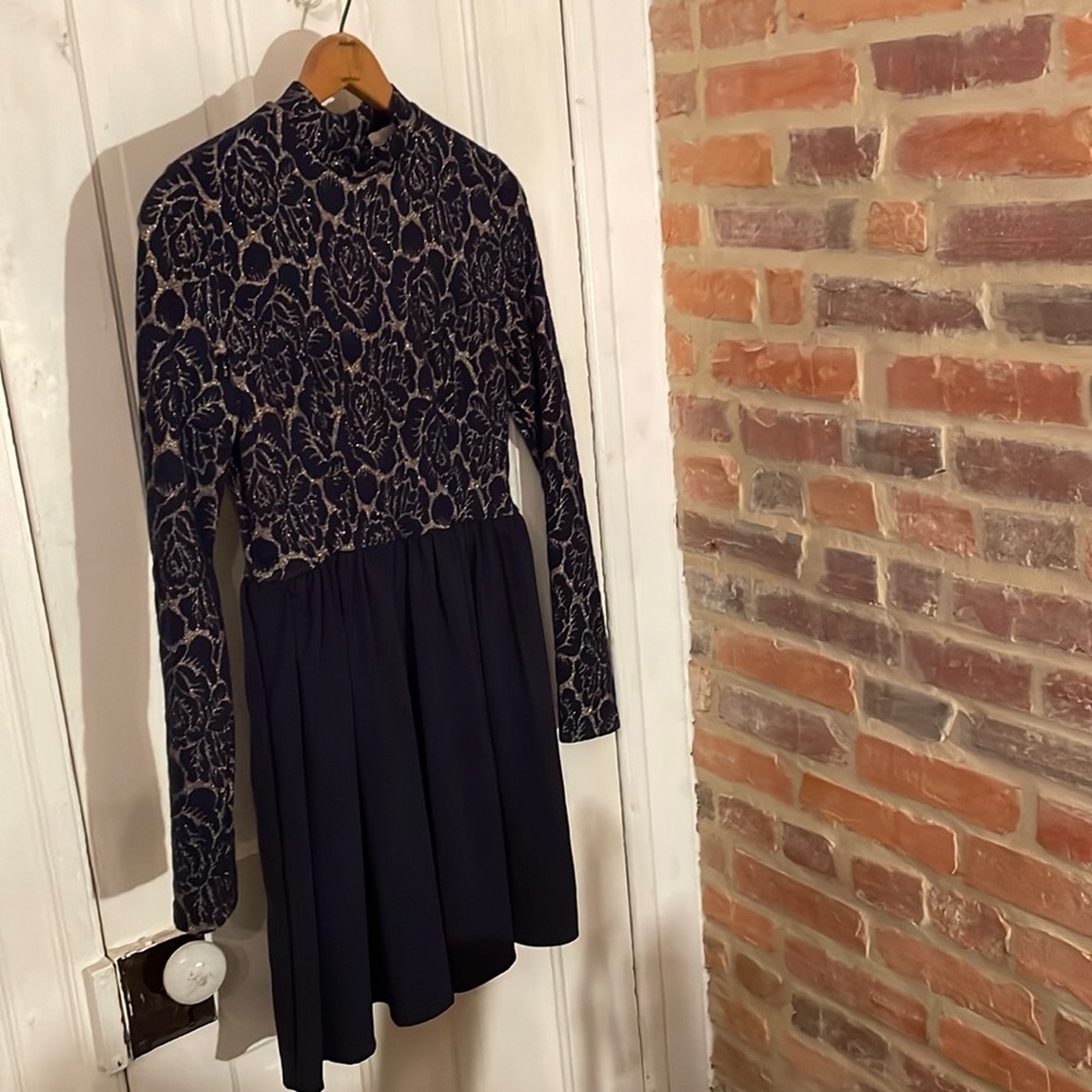 Open back navy and gold dress